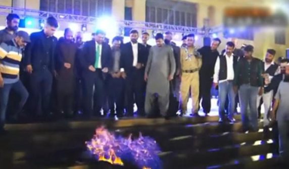 Celebrations at Sindh Governor's House over victory against India, Rafale aircraft model set on fire
