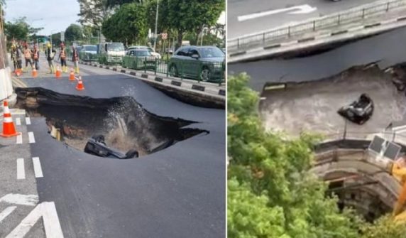 road suddenly sinks in Singapore