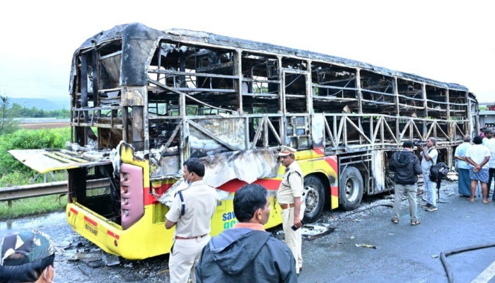 Bus catches fire after colliding with motorcycle