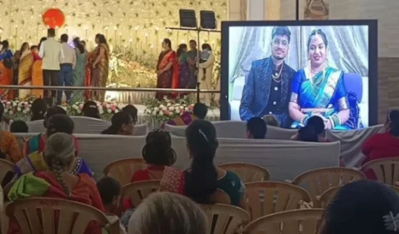 newlyweds attend their own reception online