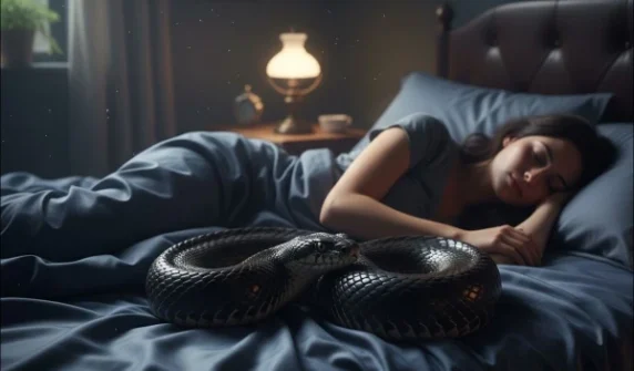 A terrifying dragon climbed into the bed of a sleeping woman