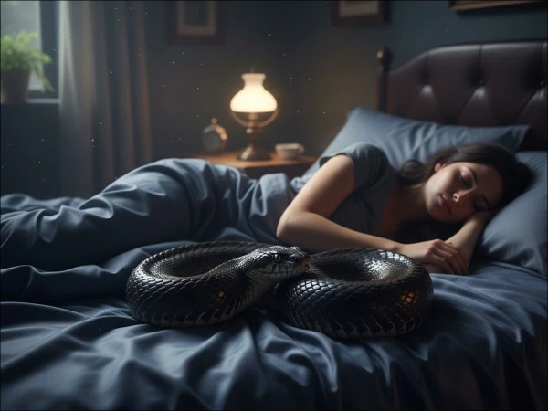 A terrifying dragon climbed into the bed of a sleeping woman