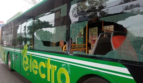 Green electric bus accident in Rawalpindi, windows broken