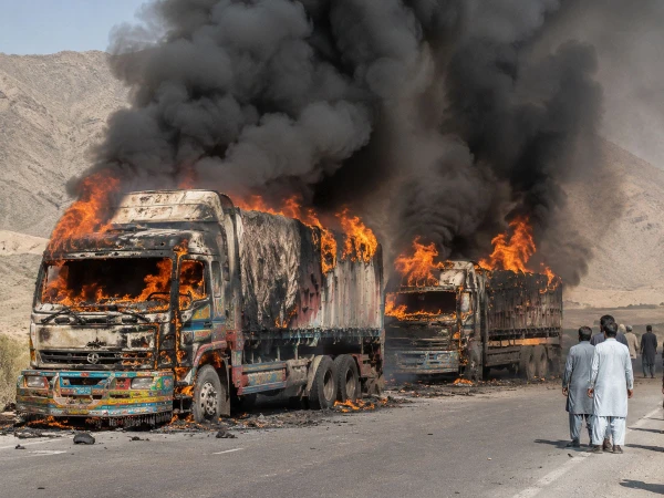 Armed men set fire to trucks carrying commercial goods