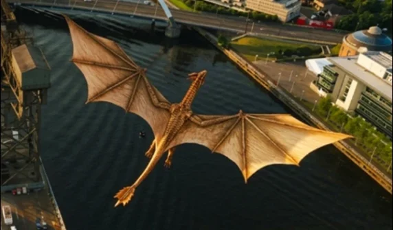 A gigantic dragon soars through the skies of Glasgow
