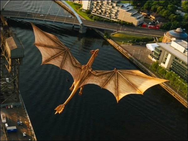 A gigantic dragon soars through the skies of Glasgow