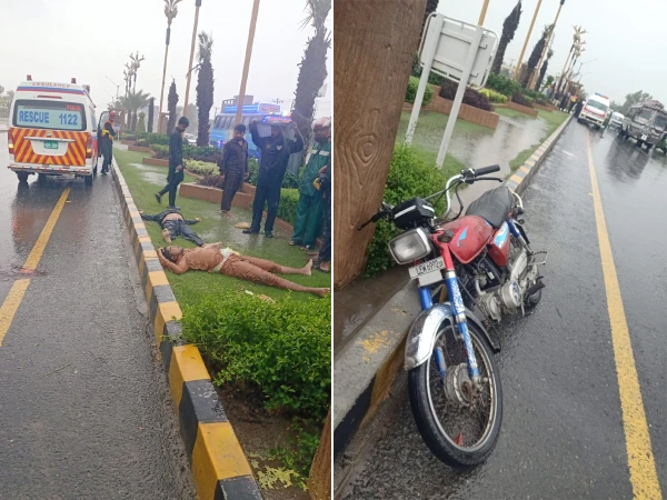Motorcycle loses control in the rain and crashes into the footpath