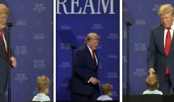 Trump took a dig at Biden after saving a child from falling off the stage.
