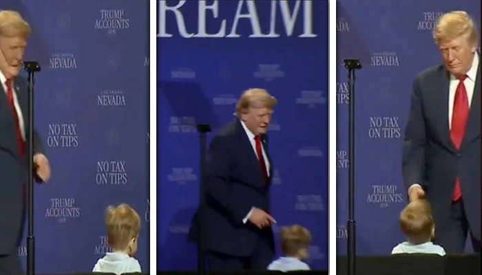 Trump took a dig at Biden after saving a child from falling off the stage.