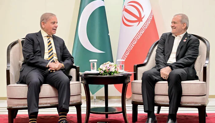 Meeting between Prime Minister Shehbaz Sharif and Iranian President Masoud Pezeshkian in Bishkek.
