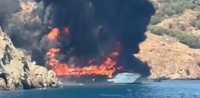 Fire breaks out on a boat packed with tourists in Turkey.