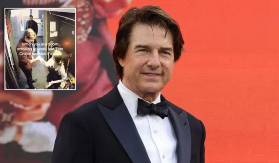 Woman engrossed in her phone has a surprise encounter with Tom Cruise